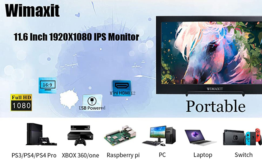WIMAXIT Portable Monitor,11.6 Inch 1920X1080 16:9 Display,USB Powered HDMI Screen Ultra-Slim Dual
