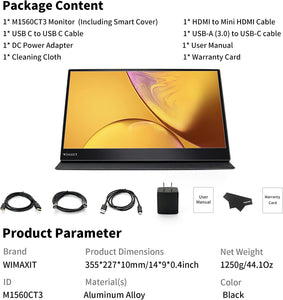 Wimaxit M1560CT3 15.6" Full HD Portable Monitor Touch Screen IPS Non-Glare Built-in Speakers Eye Care USB Type-C Micro HDMI with Smart Case Compatible For Laptop,PC,Game Console